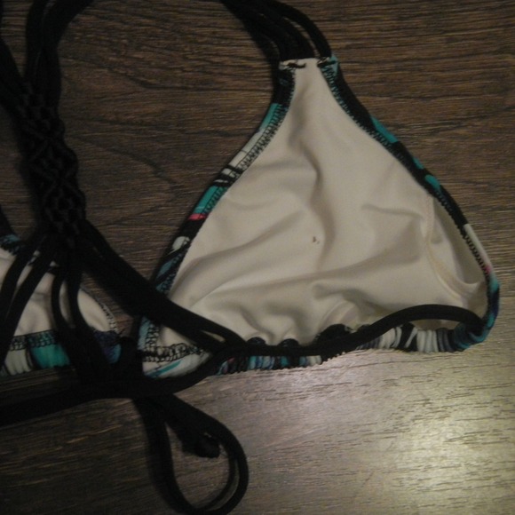 PINK Triangle Bikini Top Braided Straps Blue Marble Print Swimwear - Picture 5 of 5